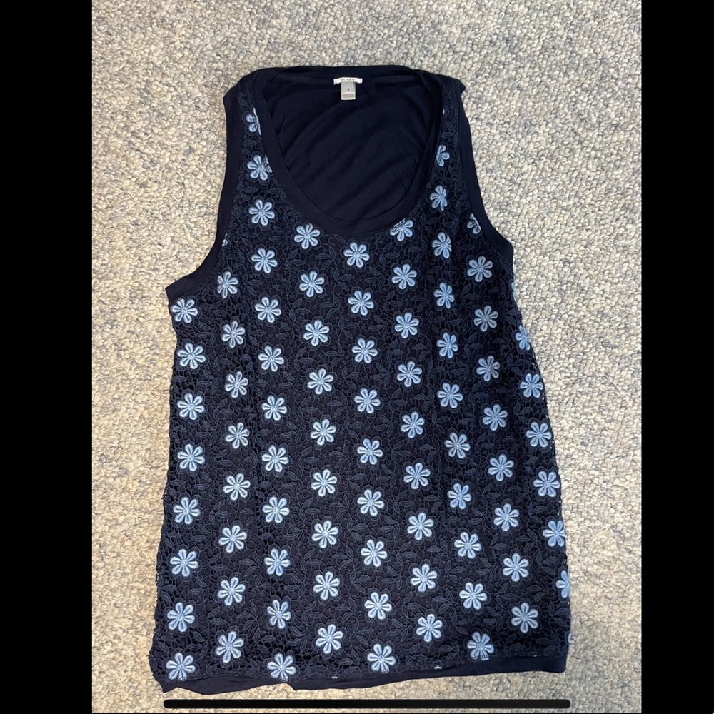 J. Crew Small Womens Tank Top Blue Flower Crochet Scoop Neck Preppy Shell A30